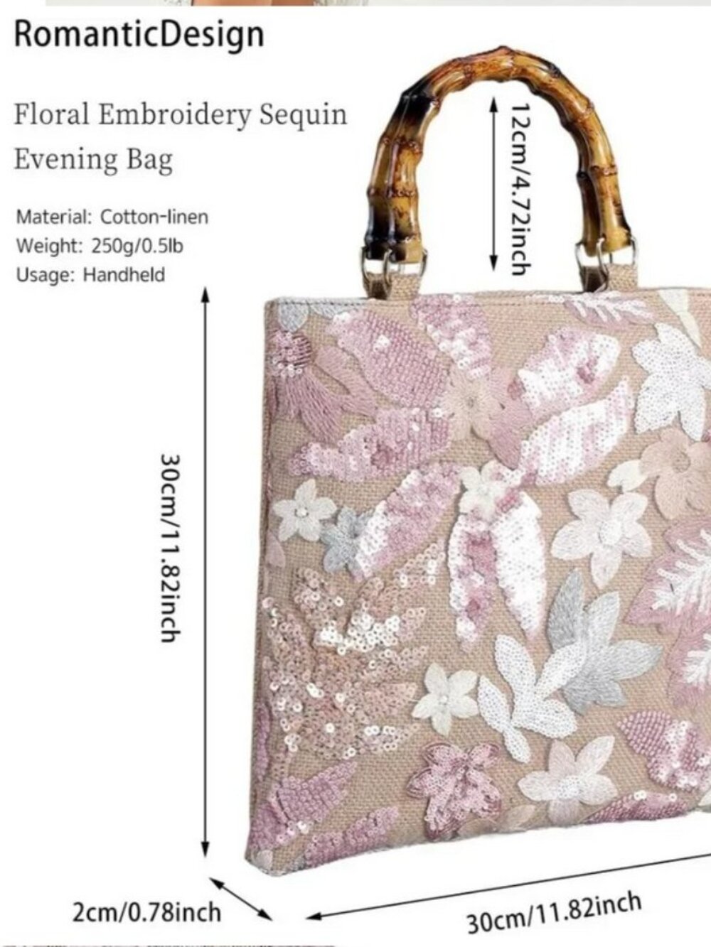 Elegant Floral Pattern Bag with Bamboo Handle - Picture 5 of 5